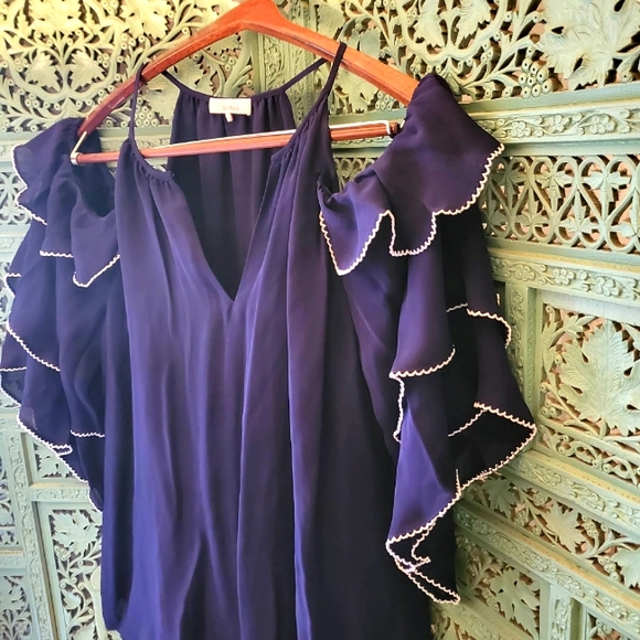 Parker | Silk Women's Cold Shoulder Ruffle 3/4 Sleeve Blouse | Navy Blue | Large - Picture 6 of 12